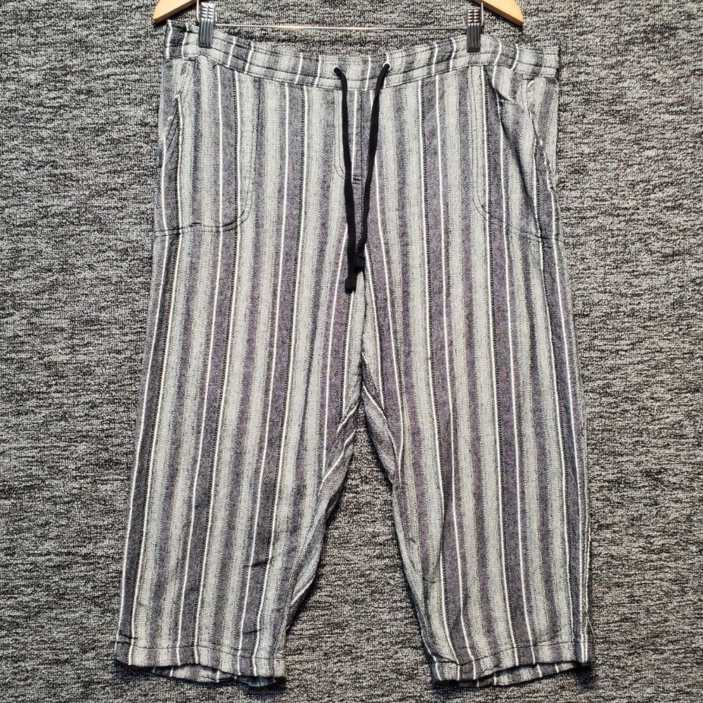 Dash Linen Blend Striped Capri Pants Womens XL Drawstring Grey Cream Crop Beach
